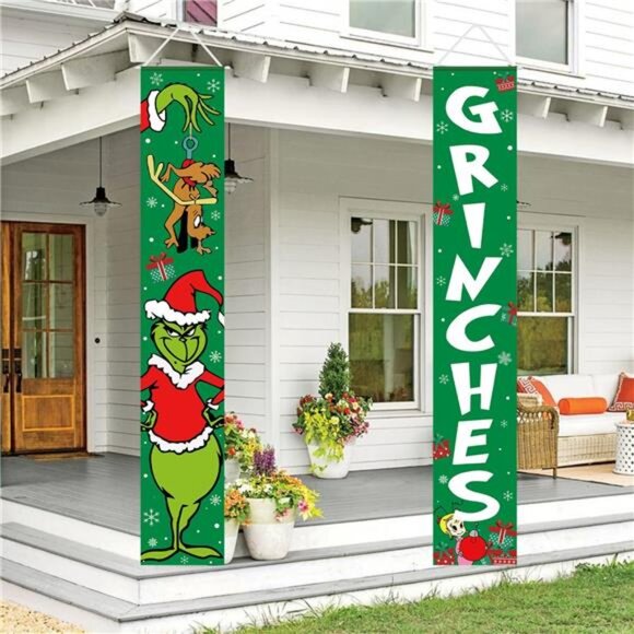 Grinches Christmas Banner, Xmas‎ Porch Door Sign for Indoor/Outdoor Decorations - Picture 2 of 8
